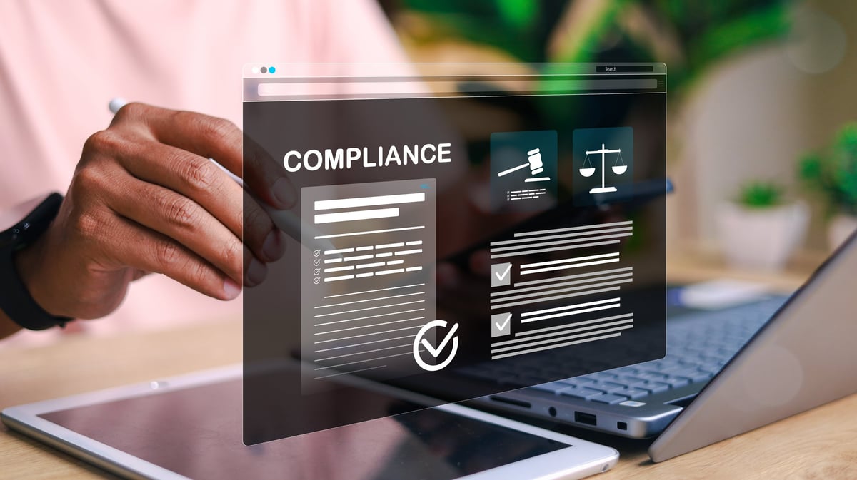 Digital compliance interface showing checklist, legal icons, and document validation on tablet screen